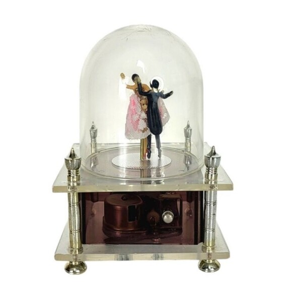 Vintage 60s Sankyo Ballerina Tuxedo Couple Dancing Dome Wind-Up Music Box - Picture 1 of 7